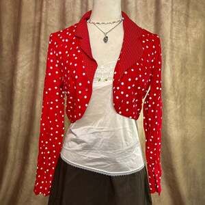 Vintage Cropped Jacket Polka Dot 90s Red Long Sleeve Open Front Rockabilly Retro